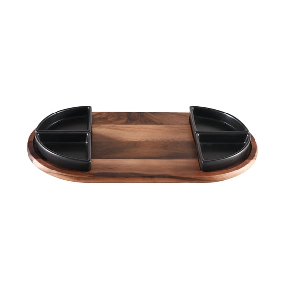 Kalmar Home Charcuterie/ Serving Tray w/ 4 black triangular ceramic bowls
