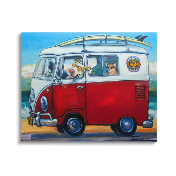 Stupell Industries Pets on Vacation Minibus Animals & Insects Painting Gallery Wrapped Canvas Print Wall Art, 20 x 16