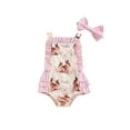 thumbnail image 1 of Arvbitana 0-18 Months Baby Girl Easter Romper Bunny Print Ruffled Flying Sleeve Jumpsuit Playsuit with Headband 2Pcs, 1 of 9