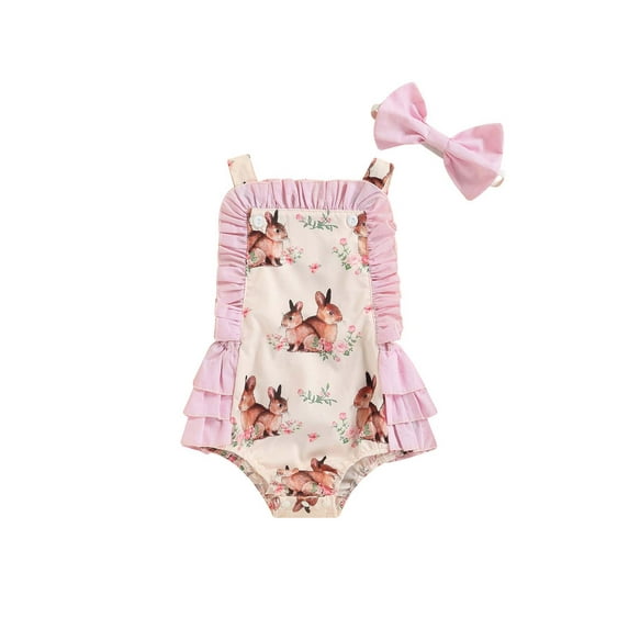 Arvbitana 0-18 Months Baby Girl Easter Romper Bunny Print Ruffled Flying Sleeve Jumpsuit Playsuit with Headband 2Pcs
