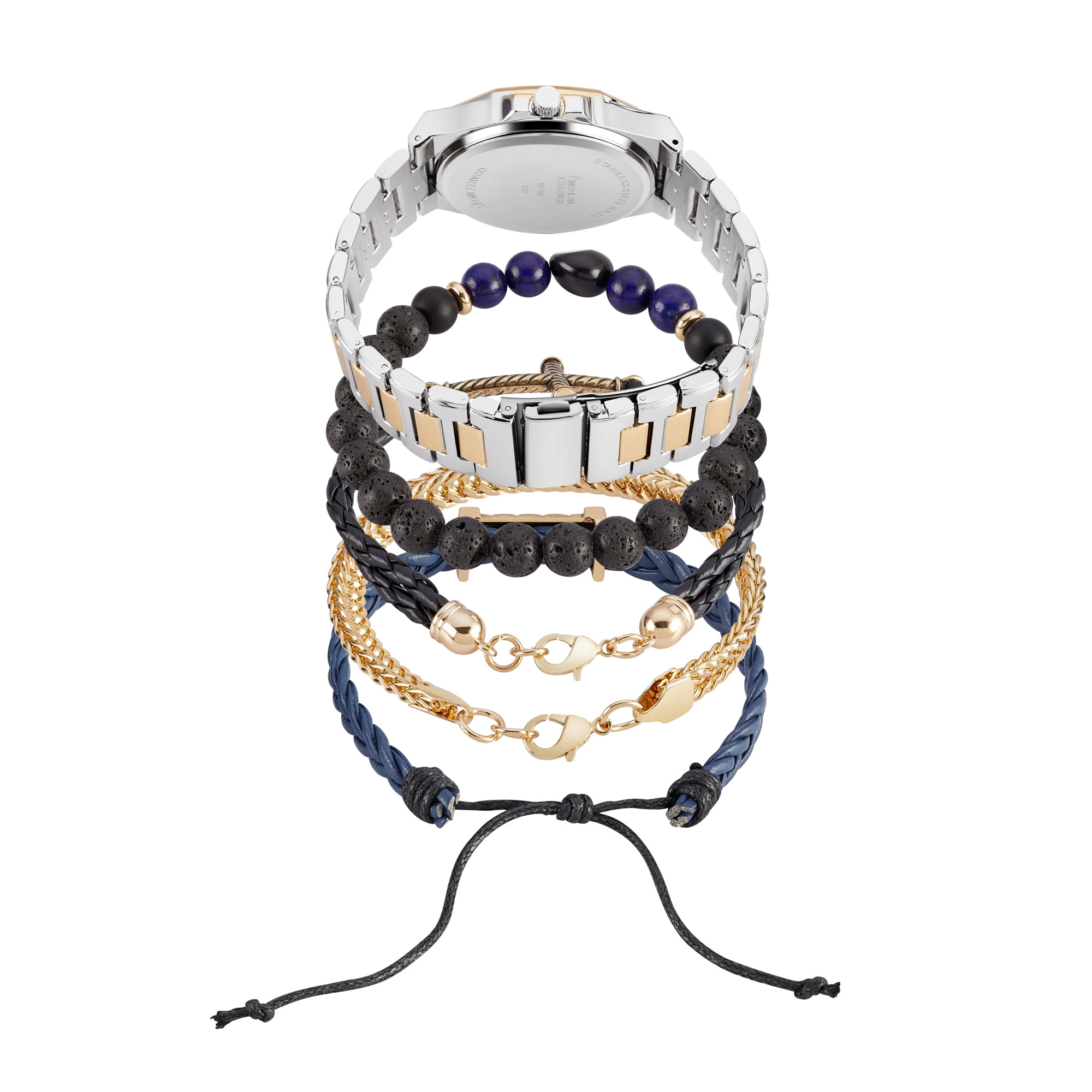 American Exchange Men's Metal Analog Watch and 4 Piece Bracelet Set, Navy/Two Tone