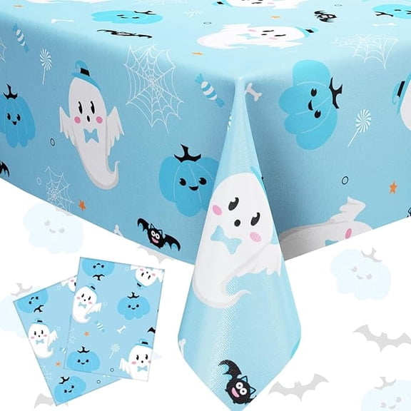 2Pcs Halloween Party Tablecloth Blue, Pumpkin Ghost Bat Plastic Table Covers, Rectangular Wipeable Tablecloth for Halloween Birthday Baby Shower Party Decorations