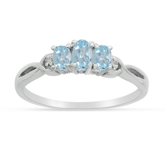 10k White Gold Oval Aquamarine And Diamond Three Stone Ring