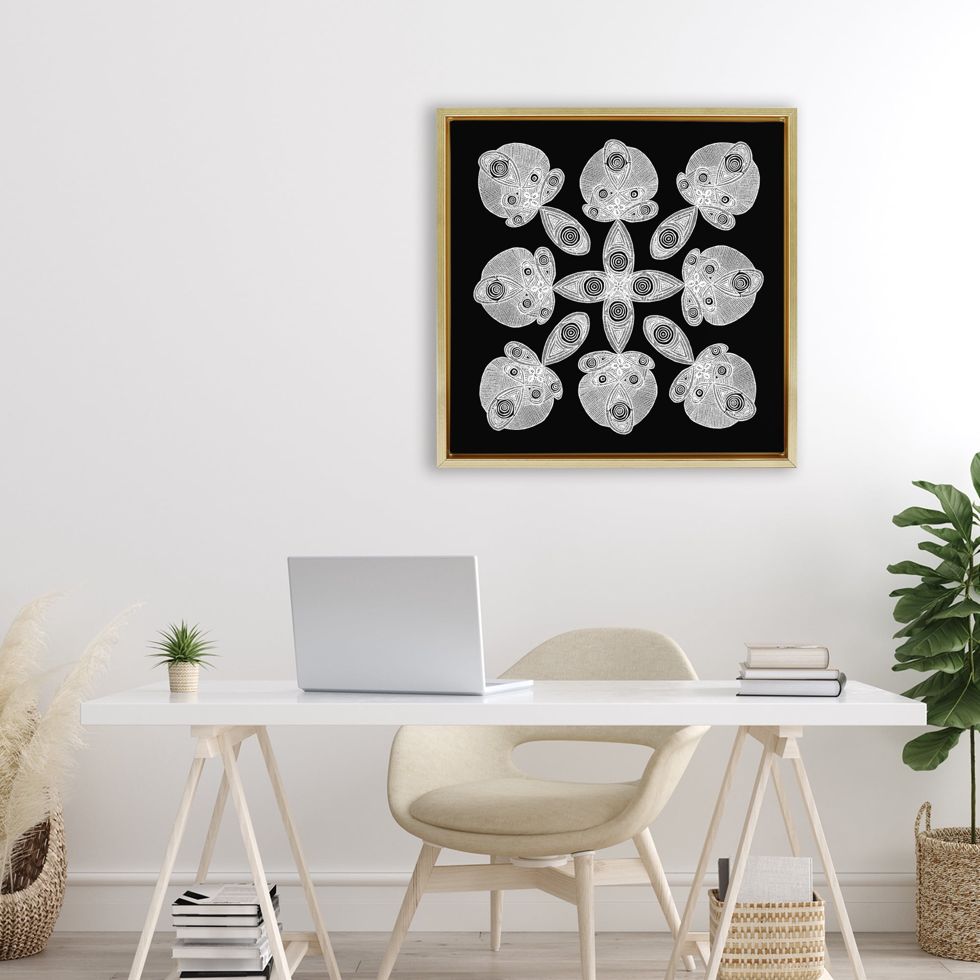 Stupell Industries Fractal Symmetry in Monochrome Gold Framed Floater Canvas Wall Art, design by El Perkin