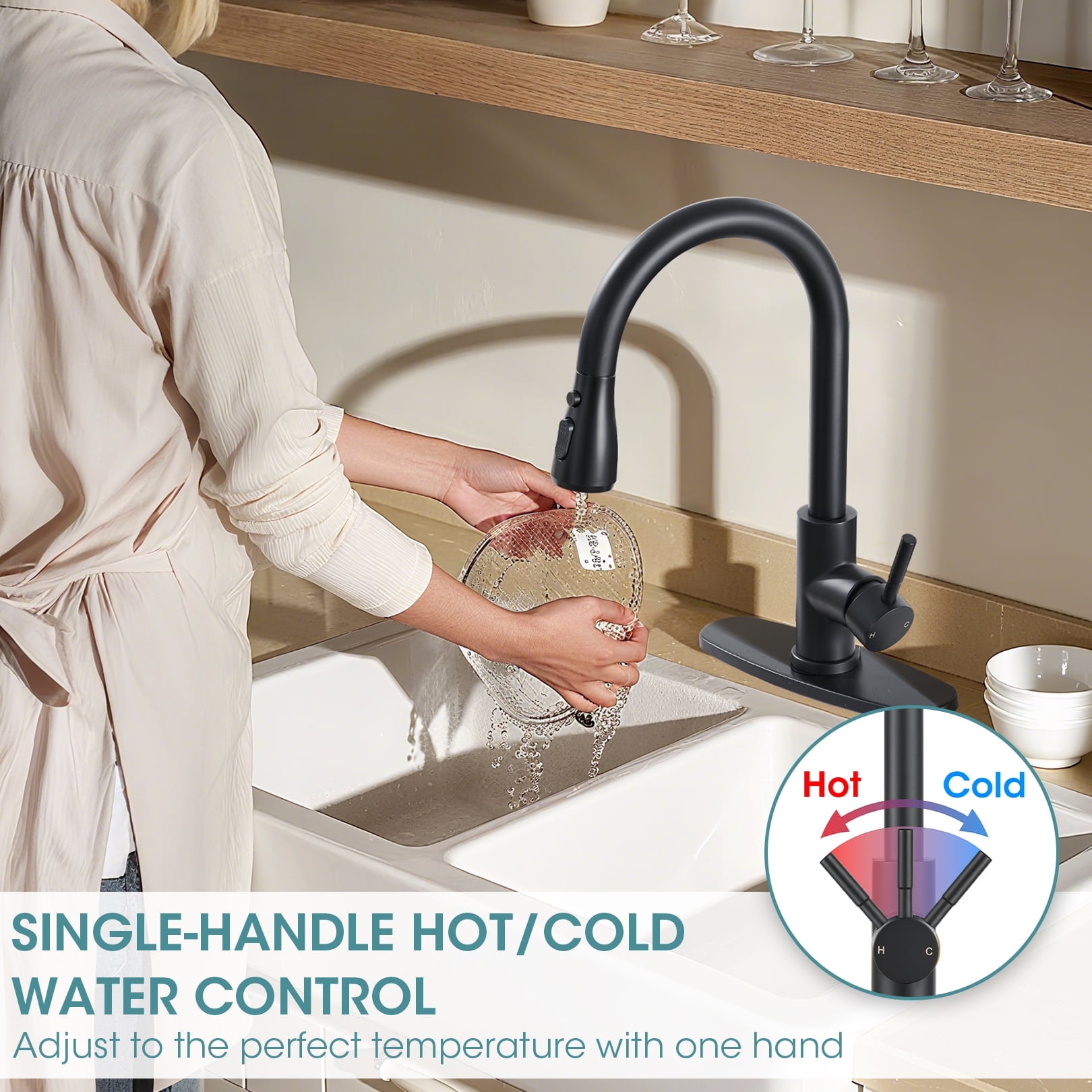 Wowkk Sanitary Ware Kitchen Sink Faucet with Pull Down Sprayer, Single Handle SUS304 Stainless Steel Kitchen Faucets with Deck Plate to Cover 1 or 3 Holes for Bar, Laundry, Matte Black