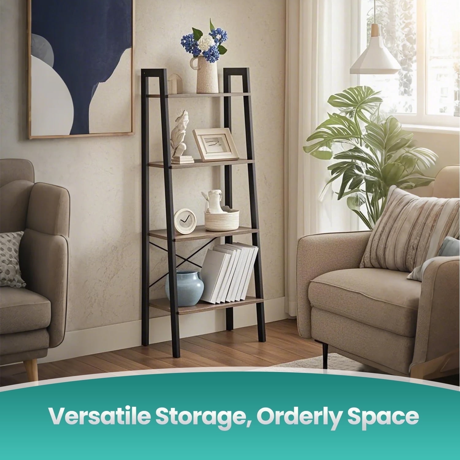 LEDREM 4-Tier Ladder Shelf Heavy Duty Storage Shelf with Steel Frame, Storage Rack Bookshelf for Home, Office, Heather Greige and Black