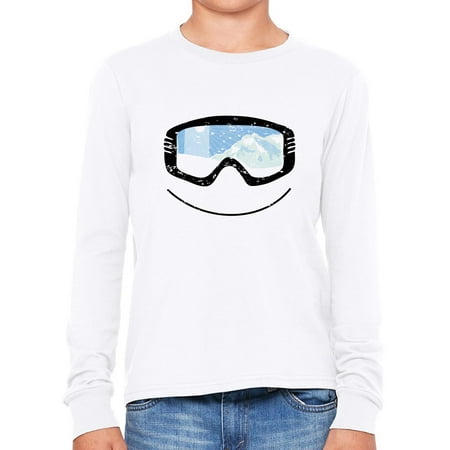 All Mountain Twin Tip Snowboard - Snowboarding Skiing Googles with Mountain Reflection Boy's Long Sleeve T-Shirt