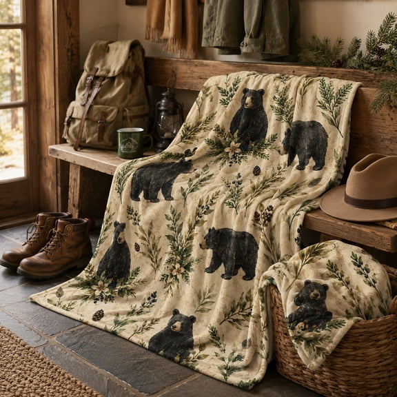 Botanical Black Bear Flannel Blanket with Pinecones, Leaves and Forest Greenery, Rustic Woodland Throw for Couch Bed Cabin and Reading Chair, 50 x 60 in