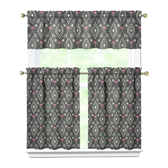 Kitchen Curtains 36 Inch Short - 3 Panel Set, Rod Pocket Window Curtain, Boho Floral Tribal Style, 100% Polyester for Farmhouse, Kitchen, Cafe, Bedroom, Easy Wash