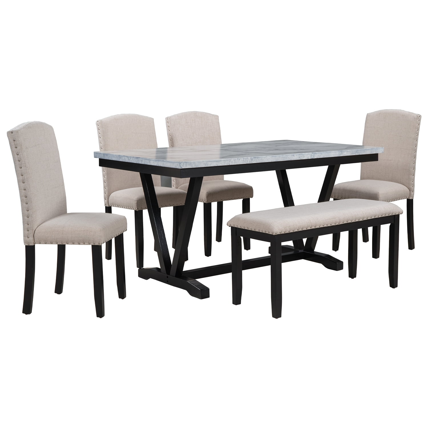 Kepooman 6-Piece Dining Room Table Set, Kitchen Dining Table Set with 4 Upholstered Chairs and 1 Bench, Dining Set for Kitchen, White Kepooman 6-Piece Dining Room Table Set, Kitchen Dining Table Set with 4 Upholstered Chairs and 1 Bench, Dining Set for Kitchen, White
