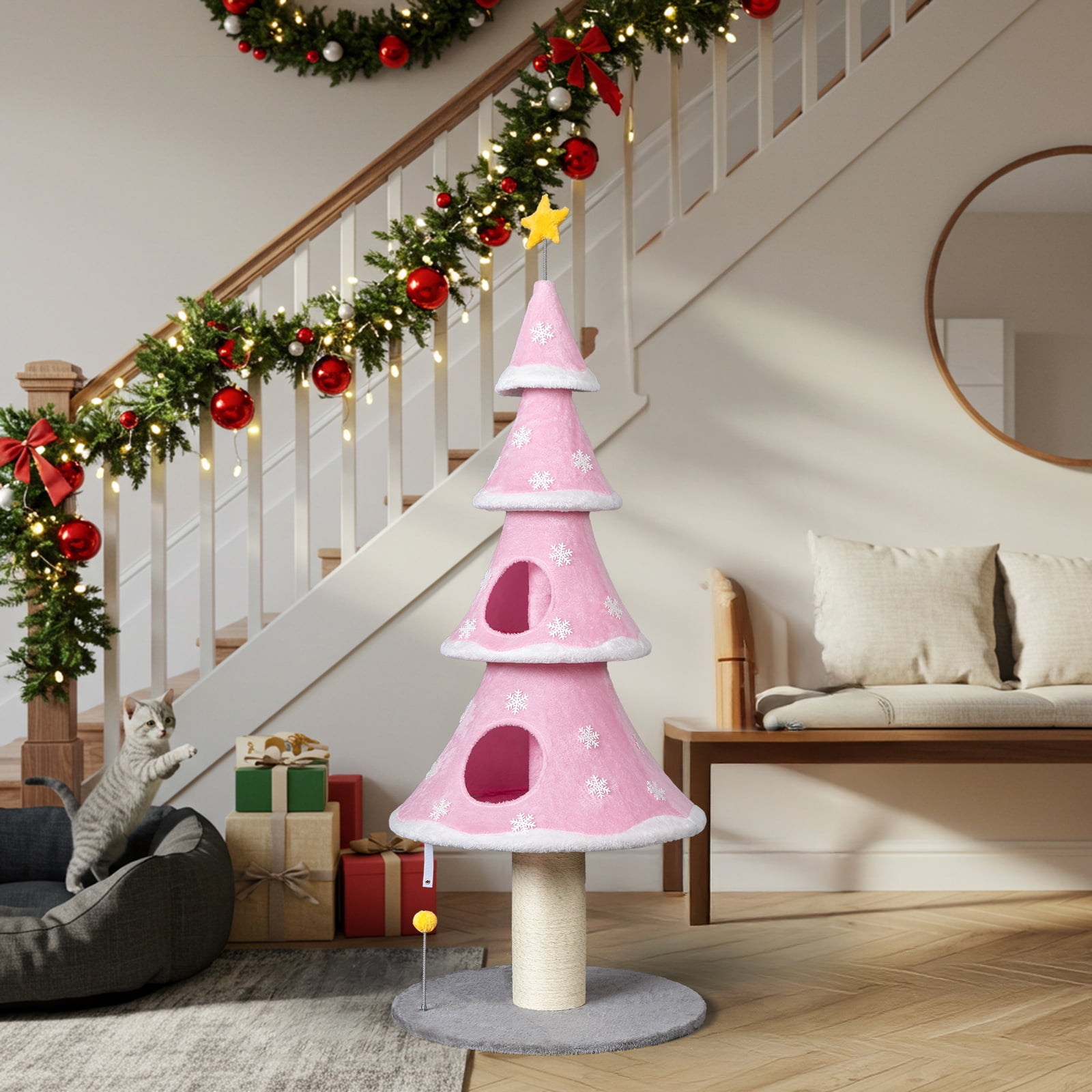 Zephypaws 59" Pink Cat Tower with 2 Private Condos, Plush Fleece Surface, Sisal Scratching Post, Dangling Play Toy, Solid Round Base & Tree-Inspired Multi-Level Design for Indoor Cats
