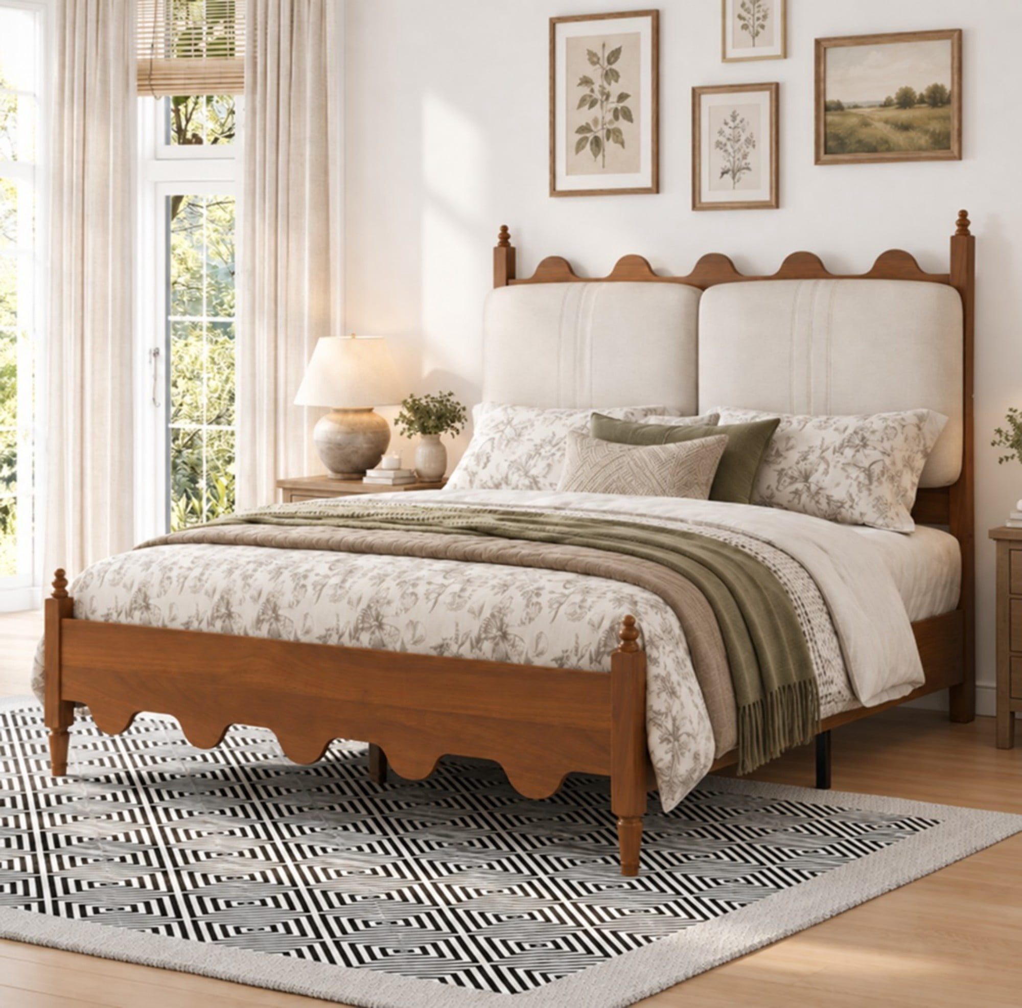 DEALTOPS Queen French Country Scalloped Platform Bed Frame with Upholstered Headboard, No Box Spring, Walnut