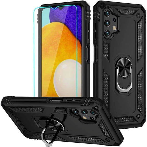 for Galaxy A13 4G Case, Samsung A13 4G Case with HD Screen Protector, Military-Grade Ring Holder Kickstand Car Mount 15ft Drop Tested Shockproof Cover Phone Case for Samsung Galaxy A13 4G, Black