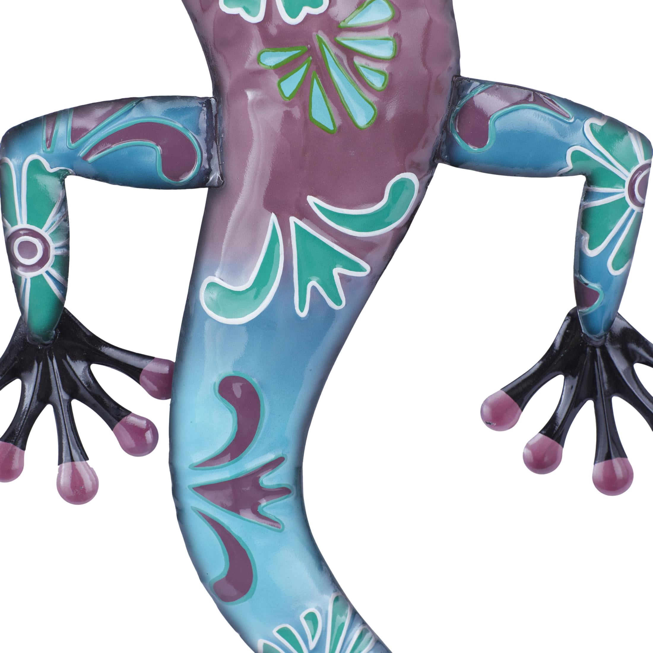 DecMode Blue Metal Indoor Outdoor Floral Patterned Lizard Wall Decor with Purple and Teal Accents