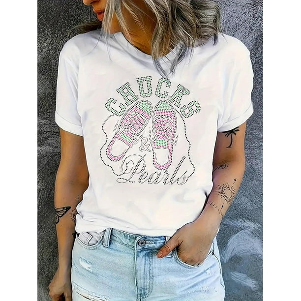 Camiseta Ligera de verano para mujerSimple English Shoes, Pattern Printing, Women'S Fashion Trend Round Neck Short Sleeve, Simple Casual Sports T-Shirt, Holiday Comfortable Summer Tops Women'S Cloth