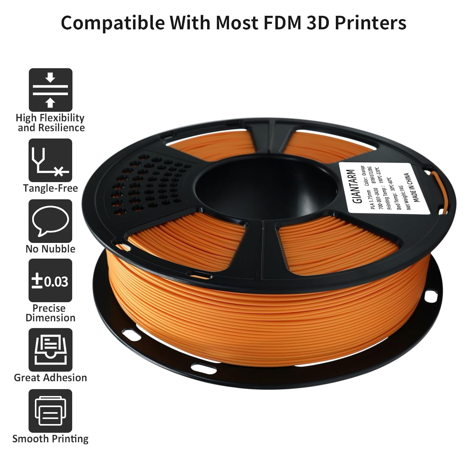 3D Printer Filament, Orange Pla Filament, 1Kg(2.2lbs) Spool, 1.75mm Dimension Accuracy +/- 0.03mm, 3D Printing Filament