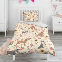 Pitbull Dog and Flower Floral Duvet Cover and Pillowcase Set for Single Bedding, Bedroom Accessories for Kids Teens