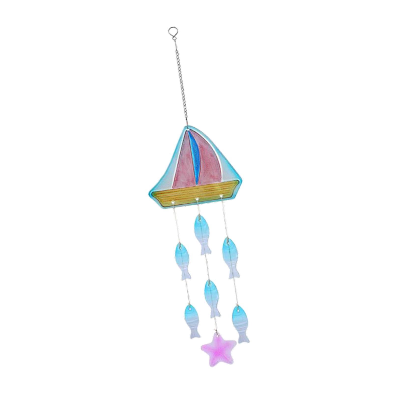figatia Glass Sea Wind Chime Coastal Ornament Garden Hanging Windchime Pendant Windbell for Balcony Mom Women Home Farmhouse Entrance Boat 18.2x62.5cm