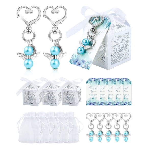 YETOOME 100 Pcs Baby Shower Favors for Boys, Angel Keychains Favor Baptism Favor Boxes White Organza Bags with Drawstring Thank You Tags for Baby Shower Baptism Party Gift, 25 Sets (Blue)