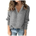 thumbnail image 1 of WUANDIXFA Ladies Pullover Sweaters Women Solid Color V Neck Lace Stitching Buttons Long Sleeves Sweater Grey,M, 1 of 5