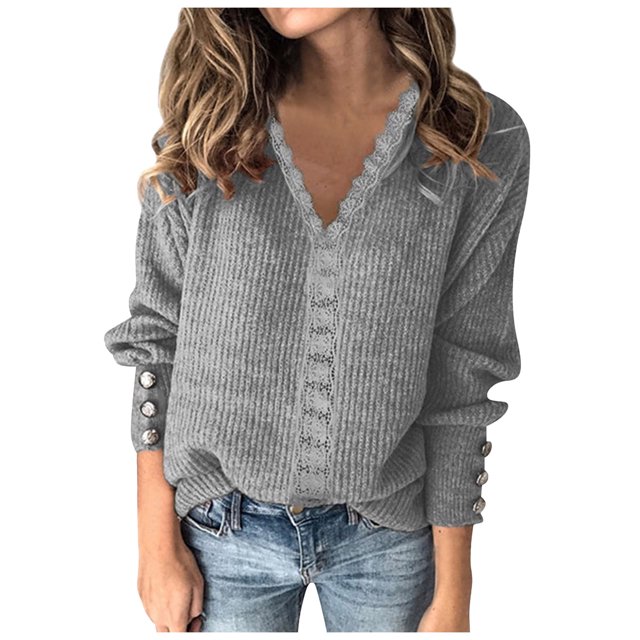 WUANDIXFA Ladies Pullover Sweaters Women Solid Color V Neck Lace Stitching Buttons Long Sleeves Sweater Grey,M