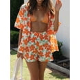 thumbnail image 3 of Argulvti Women Summer Shorts Outfits, Flower Print Turn-Down Collar Short Sleeve Shirts Tops Elastic Waist Shorts Set, 3 of 8