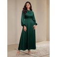thumbnail image 4 of Dark Green Womens Solid Crew Neck Long Sleeve Pleat-Front Modest Maxi Dress, 4 of 8