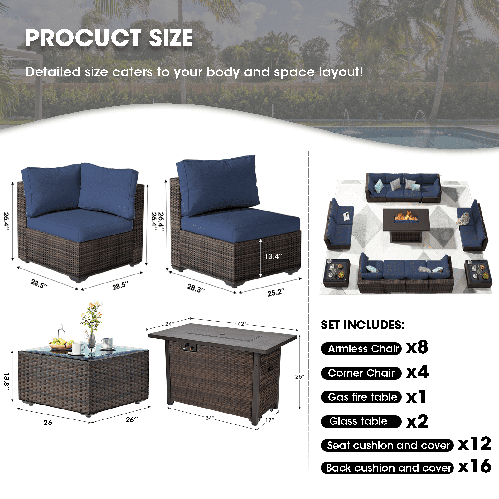 Grezone 15 Pieces Patio Furniture Set with Fire Pit Table, All Weather Outdoor Sectional PE Rattan, Patio Conversation Sets Cushions & Black-glass Coffee Table, Blue