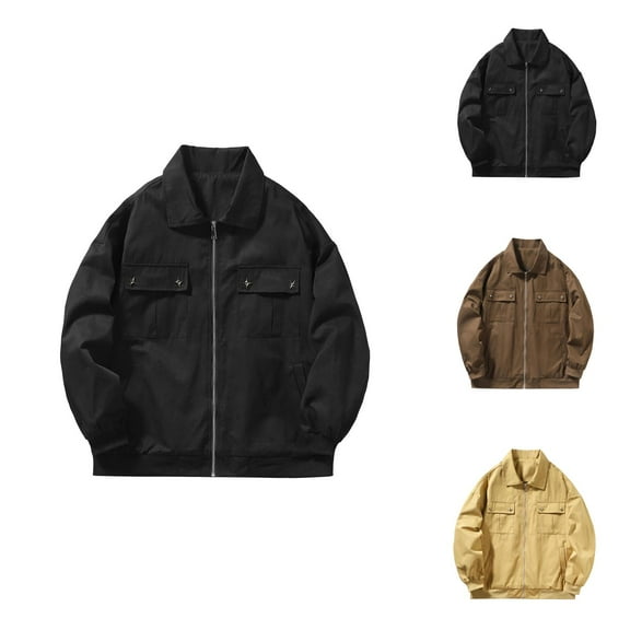 Casual Jackets for Men 2025 Loose Plain Long Sleeve Collared Zip Up Jacket with Pockets Outerwear Coat