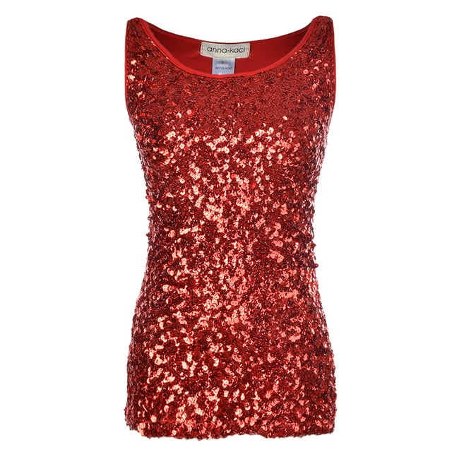 Womens Sparkle & Shine Glitter Sequin Embellished Sleeveless Round Neck Tank Top, Red, Large