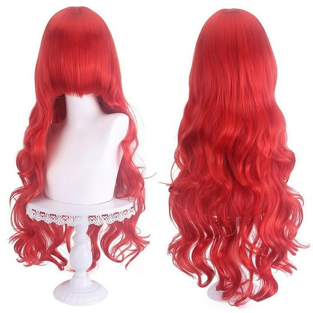 Peluca de disfraz roja de cobre rizada larga, pelucas de sirena rojas de 80 cm para niñas, peluca roja con ondas rizadas, clips para disfraz de Halloween