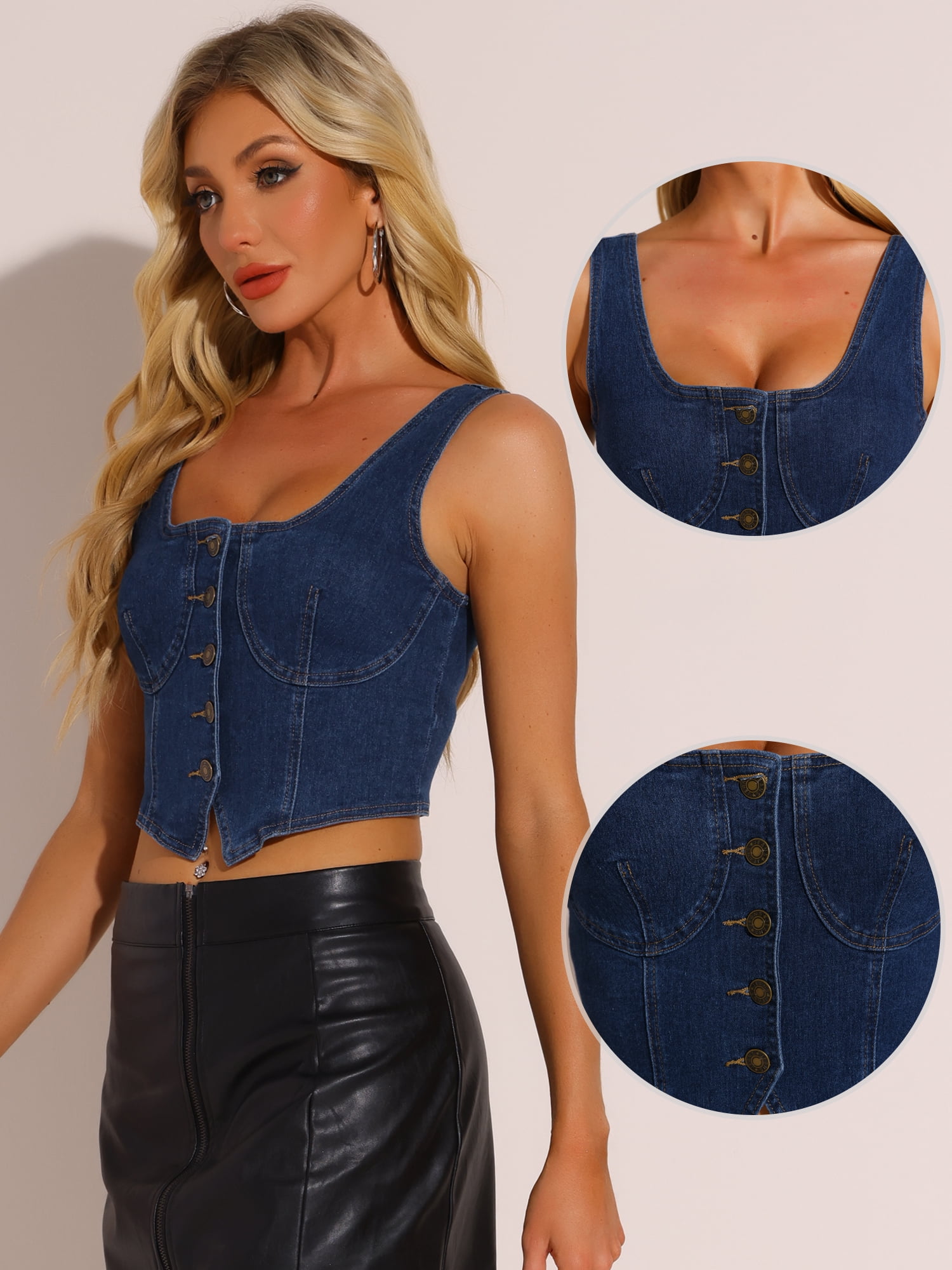 DARING DIVA Women's Square Neck Button Down Jean Waistcoat Vest XL Dark Blue