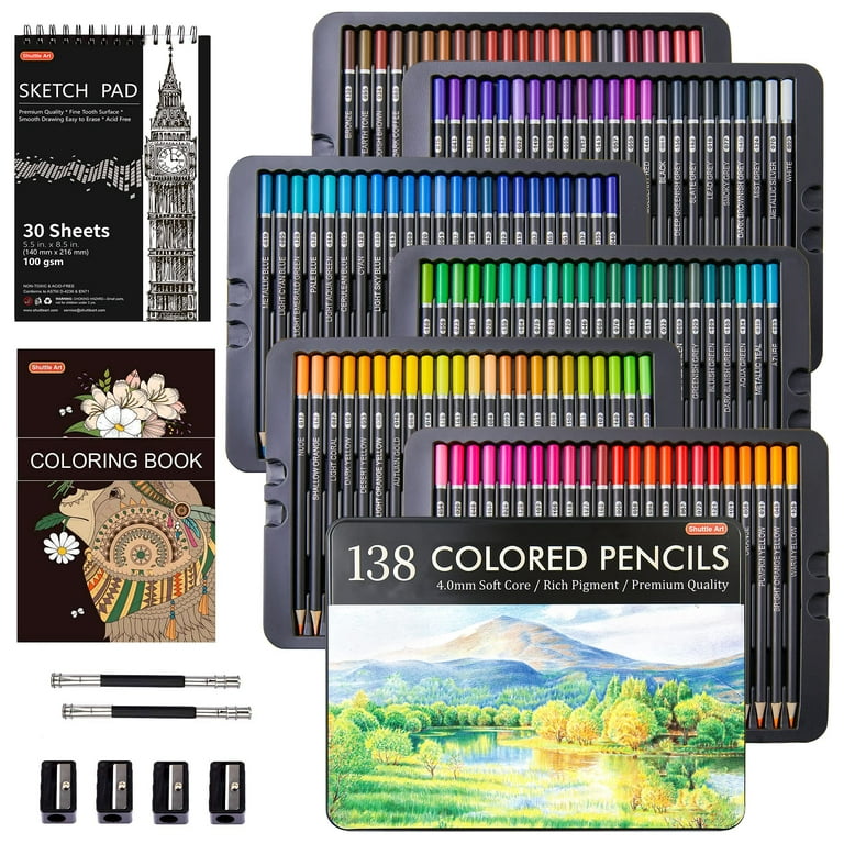 Shuttle Art 138 Colors Professional Colored Pencils, Soft Core Coloring Pencils Set with 1 Coloring Book,1 Sketch Pad, 4 Sharpener, 2 Pencil