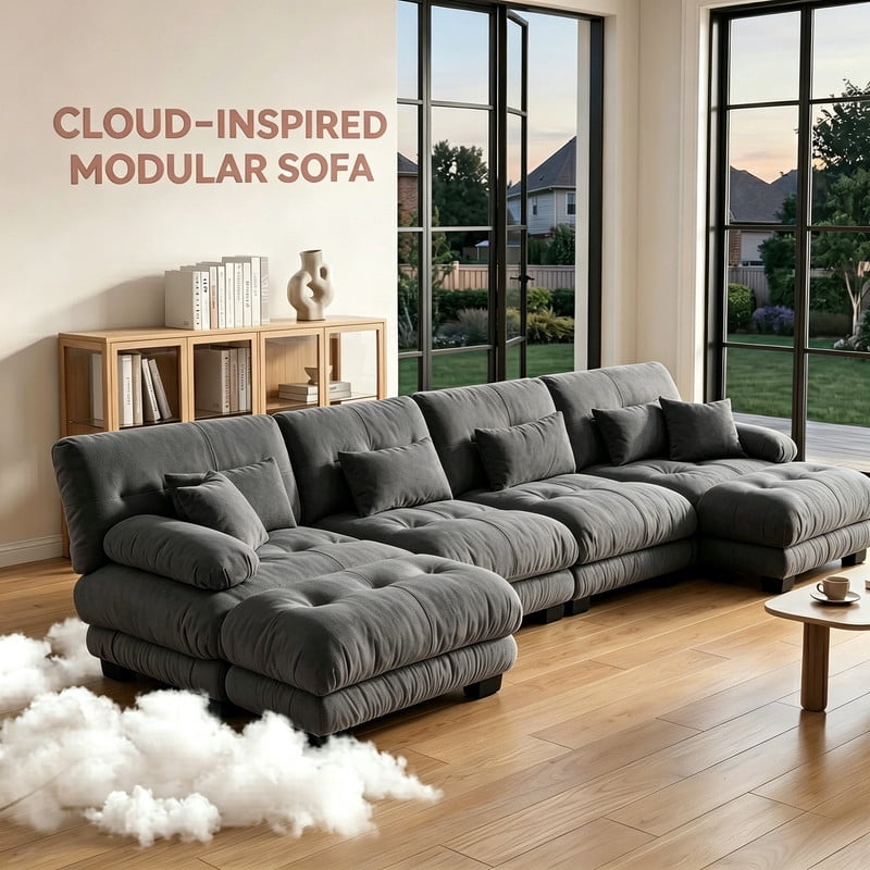 ANPPORT Cloud Couch Sleeper Sofa, Chenille Gray 4-Seater Modular Sofa with 2 Ottomans, 4 Lumbar pillows, 2 Pillows, Comfy Deep Seat Cloud Sofa, Convertible L-Shaped Floor Couch for Living Room