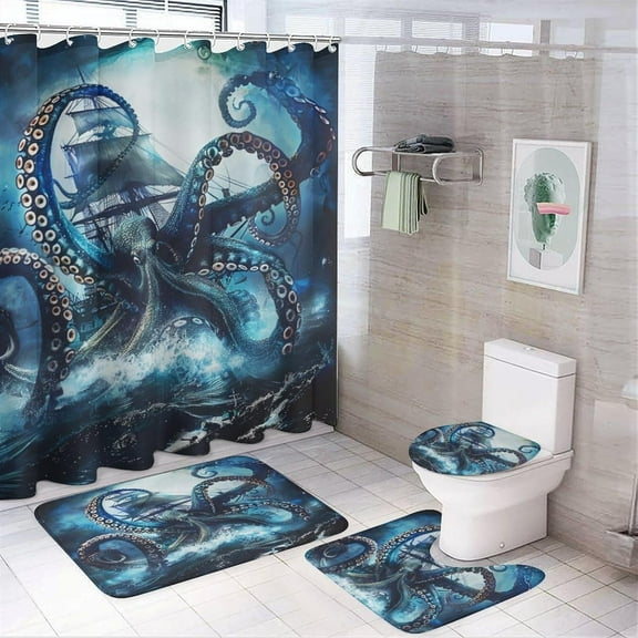 4Pcs Octopus Ship Shower Curtain Set with Toilet Lid Cover Non-Slip Rugs for Bathroom, Horror Ocean Animal Shower Curtain Bathroom Sets with Hooks, 72x72 Inch