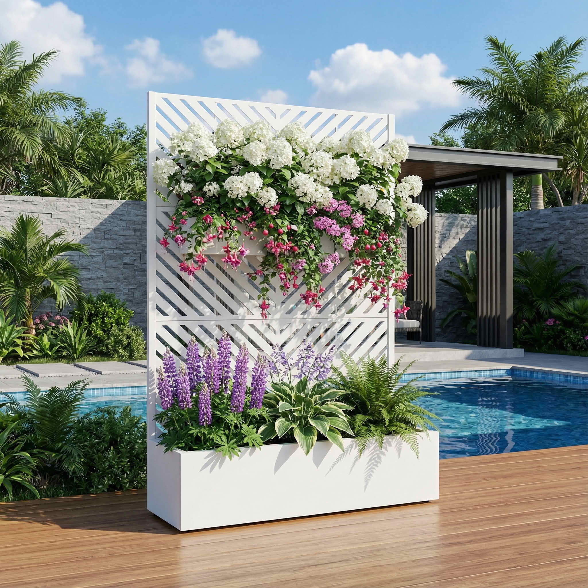 MAYEERTY 72X47" Metal Outdoor White Privacy Screen with Planter Box for Backyard & Garden, 3 Piece Set