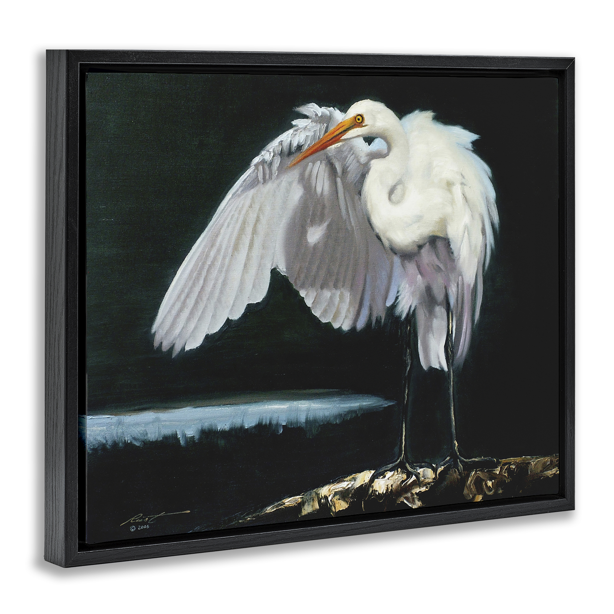 Stupell Industries Stoic Heron Standing Animals & Insects Painting Black Floater Framed Canvas Art Print Wall Art, 31 x 25