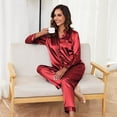thumbnail image 3 of Women Silk Satin Pajamas Set Long Sleeve Button Down Pajama Set 2 Piece Satin Sleepwear Womens Silk Loungewear Set with Long Pajama Pant, Red,M, 3 of 14