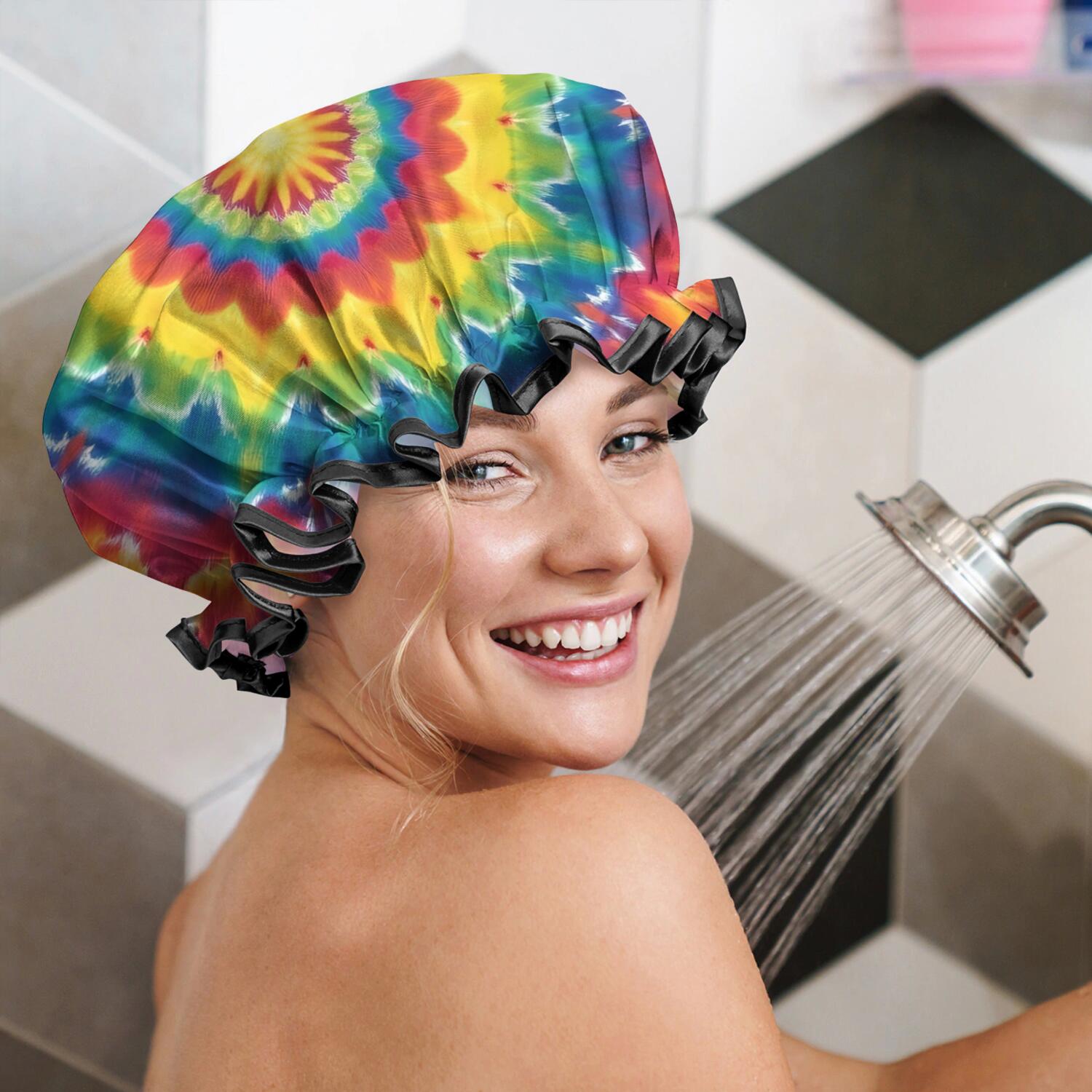 Shower Caps,Rainbow Tie Dye Star Mandala Pattern Waterproof Shower Cap for Women 4 Pieces,Double Reusable Hair Cover for Shower PEVA Elastic Stretch Hem