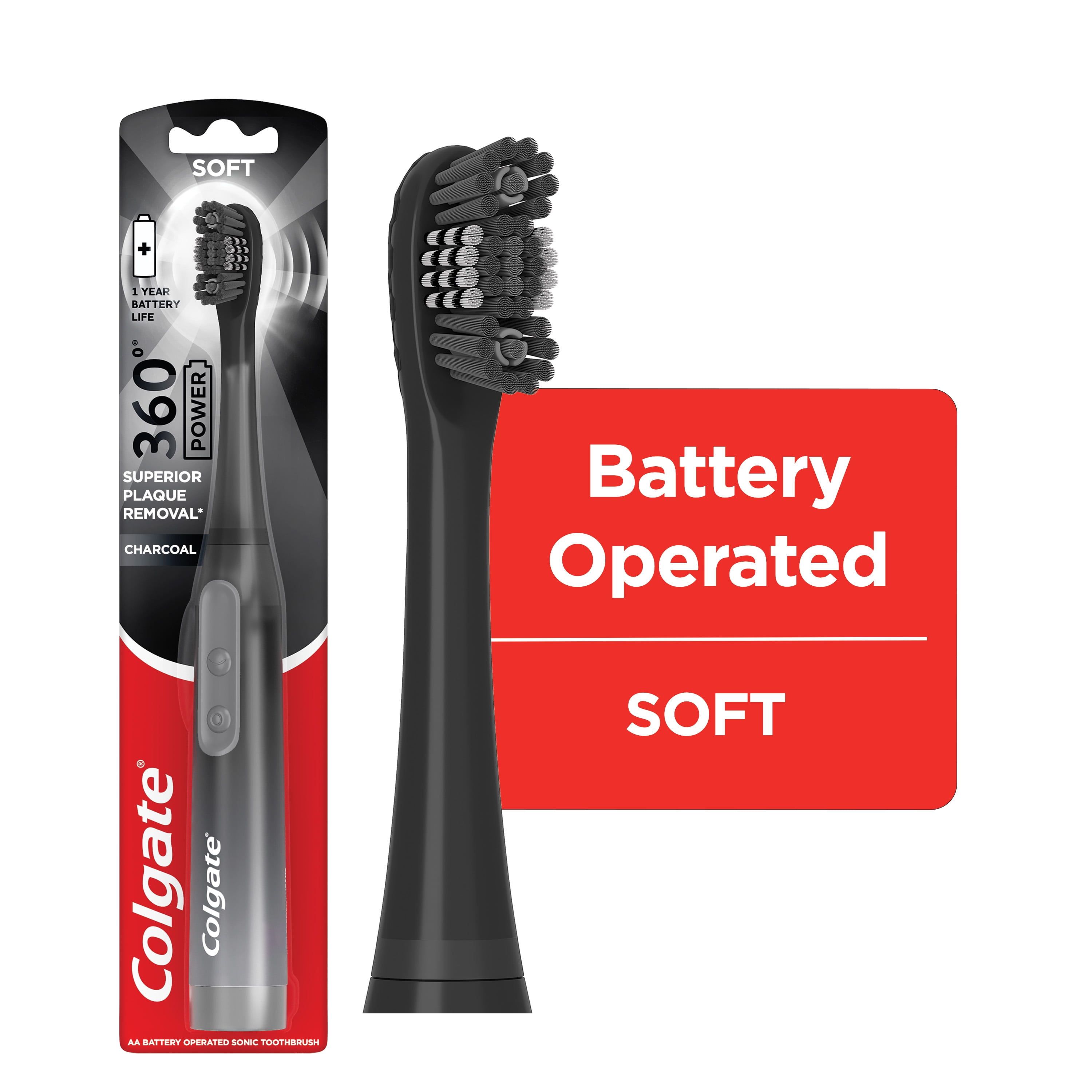 (3 pack) Colgate 360 Power Charcoal Battery Operated Toothbrush, Black, 1 AA Battery Included