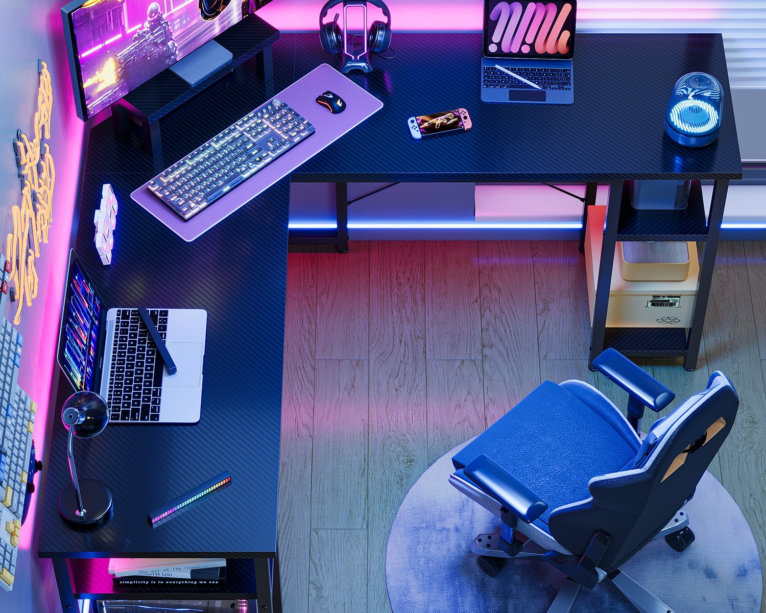 GUNAITO L Shaped Gaming Desk with CPU Stand, 61" Modern Corner Computer Desk,Reversible Office Desk 4-Tier Shelf,Carbon Fiber Black