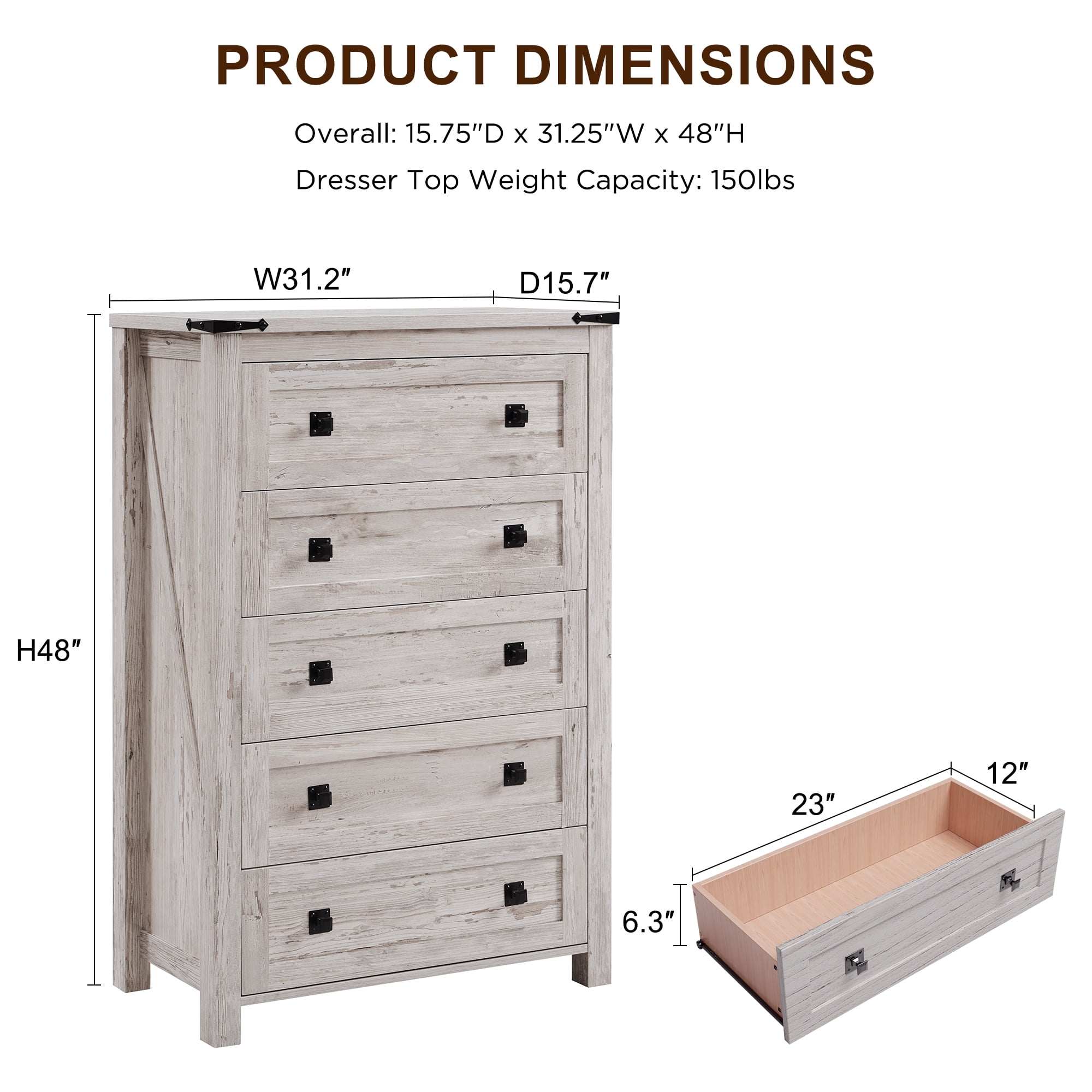 Keywhat Farmhouse 5 Drawer Dresser for Bedroom, Chest of Drawers Wood Organizer for Living Room, Antique Brush White