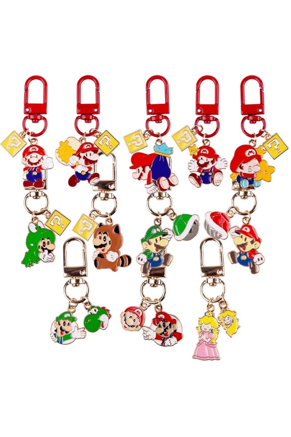 12-Pack Mario Video Game Character Enamel Metal Keychains - Collectible Figurine Key Rings with Question Block & Power-Up Charms