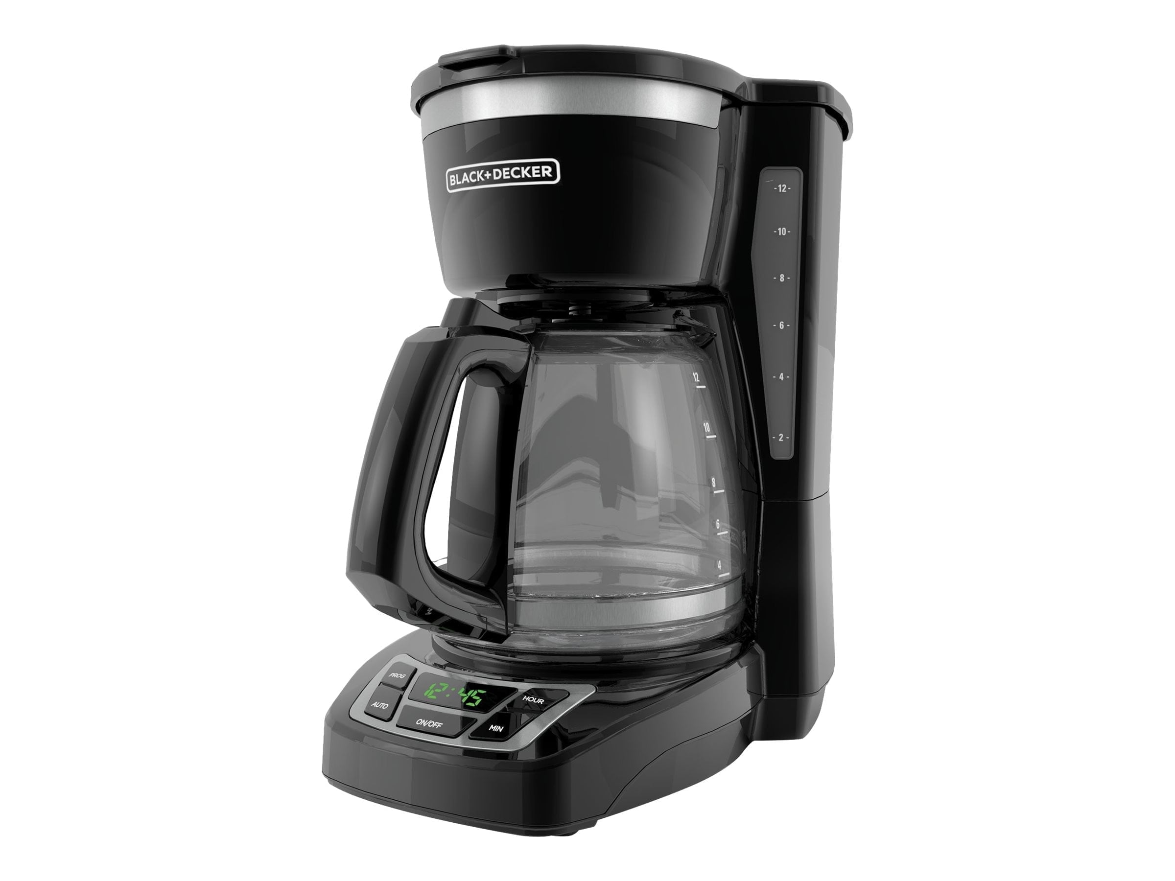 BLACK+DECKER 12-Cup Digital Coffee Maker, Programmable, Washable Basket Filter, Sneak-A-Cup, Auto Brew, Water Window, Keep Hot Plate, Black