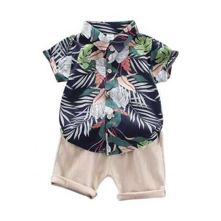 

BULLPIANO Toddler Baby Boy Shorts Sets Hawaiian Outfit Infant Kid Short Sleeve Shirt Top+shorts Suits