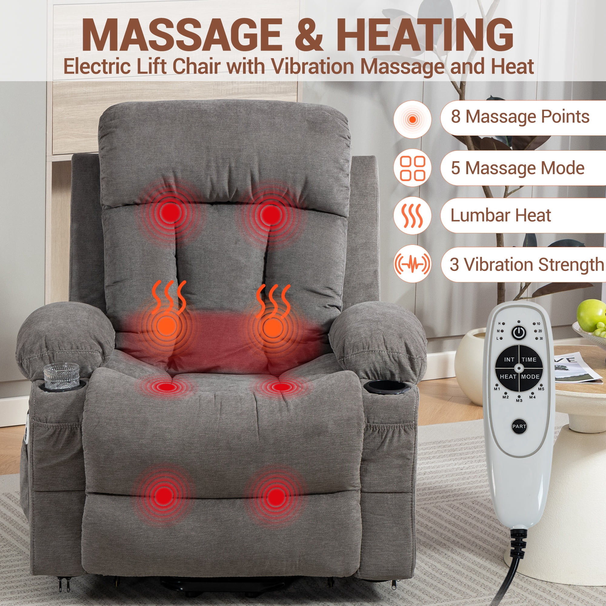 DELMANGO Power Lift Recliner Chair for Elderly, Electric Oversized Reclining Sofa with Vibration Massage & Heat, Cup Holder and USB Charging Port for Living Room, Grey