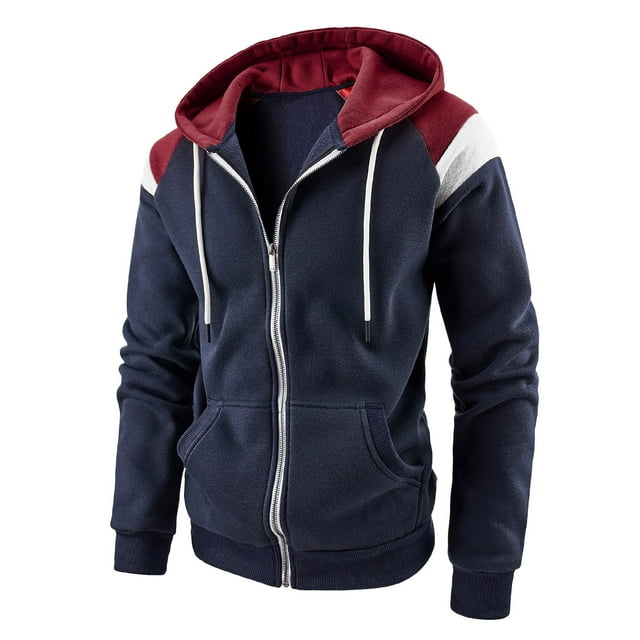 Men's Casual Fashion Zip Up Hoodie Autumn Winter Patchwork Contrast Ribbed Design Sweatshirt Comfortable Stylish Jacket