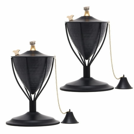 Legends Direct Set of 2, Amsterdam Premium Metal Tabletop Torch, Tall- Tiki Style /w Snuffer, Fiberglass Wick & Large 32oz Oil Lamp for Deck, Patio, Lawn, Garden, Luau (Hammered Black)