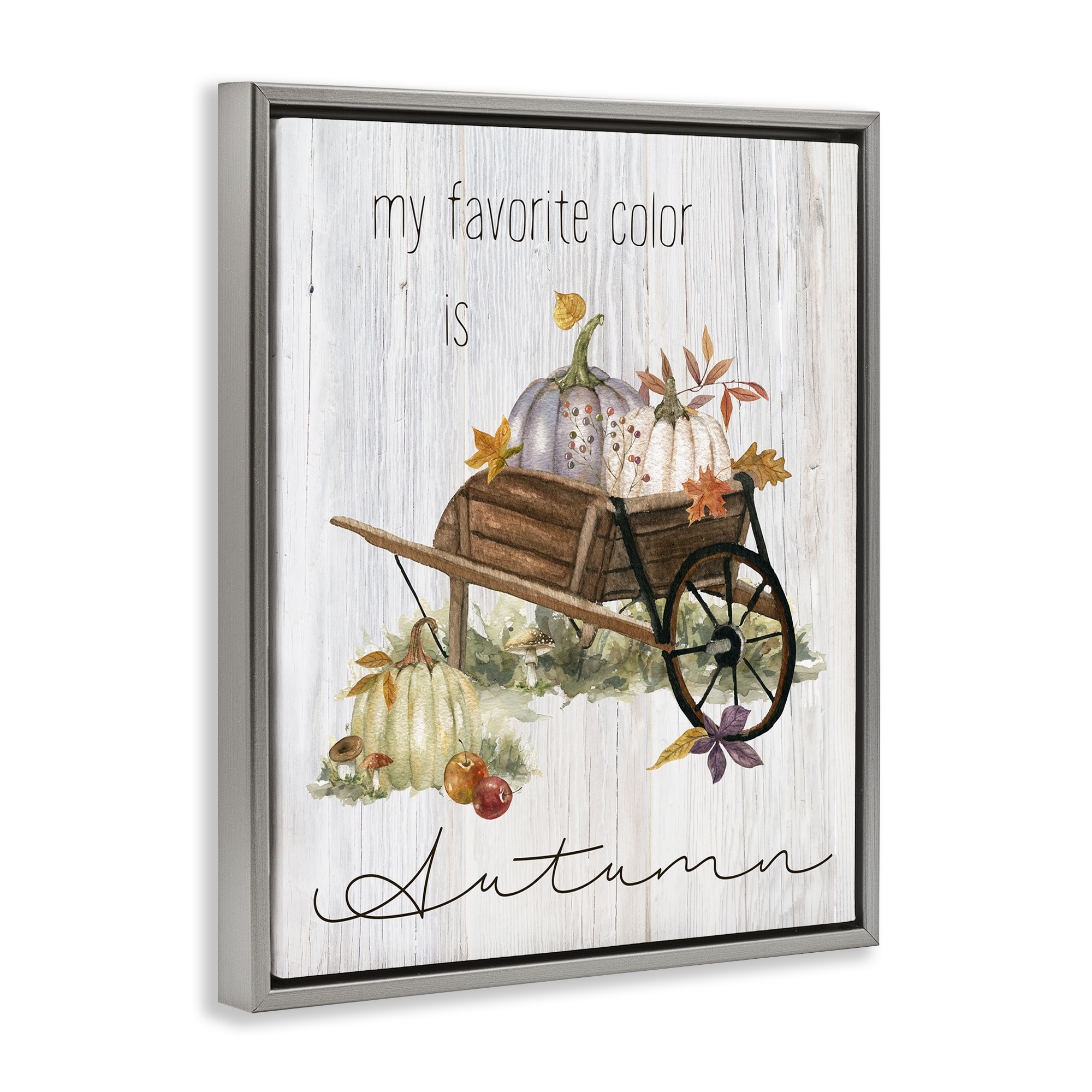 Stupell Industries Autumn Favorites Wagon Holiday Painting Gray Floater Framed Canvas Art Prints Wall Art, 17 x 21
