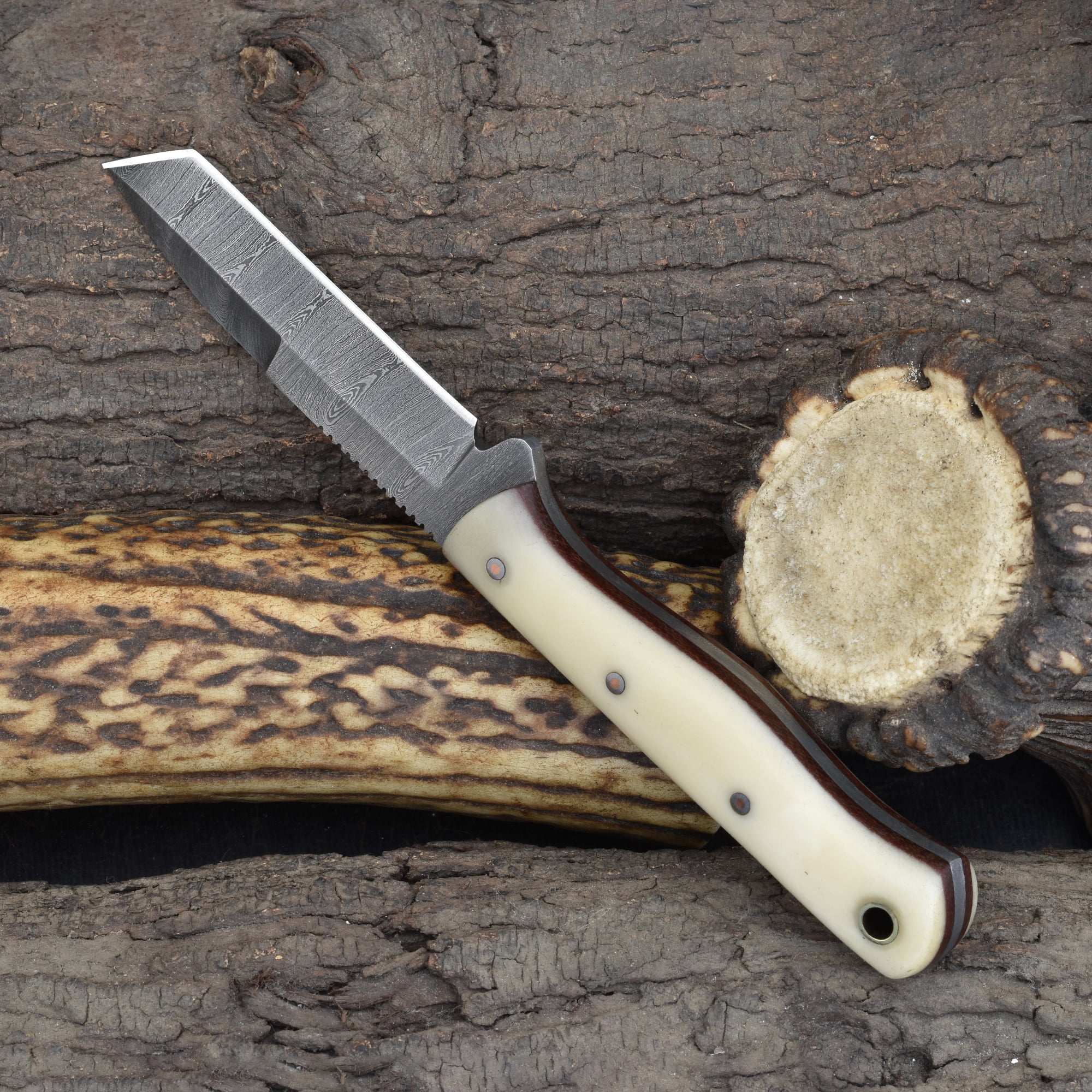 Knives Ranch Handmade 7 inch EDC Tanto Knife - Full Tang Damascus Steel Blade - Compact Everyday Ranch Utility Knife - Natural Cattle Handle - Genuine Leather Sheath - Horizontal Belt Carry (Snug Fit